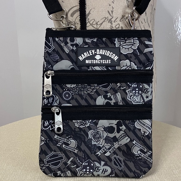 Harley-Davidson Handbags - Harley Davidson Skull Tattoo Print Crossbody Bag Grey/Black